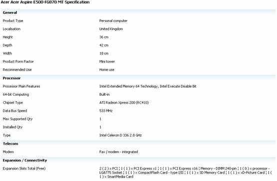 Figure 1.4.7: Product specification list