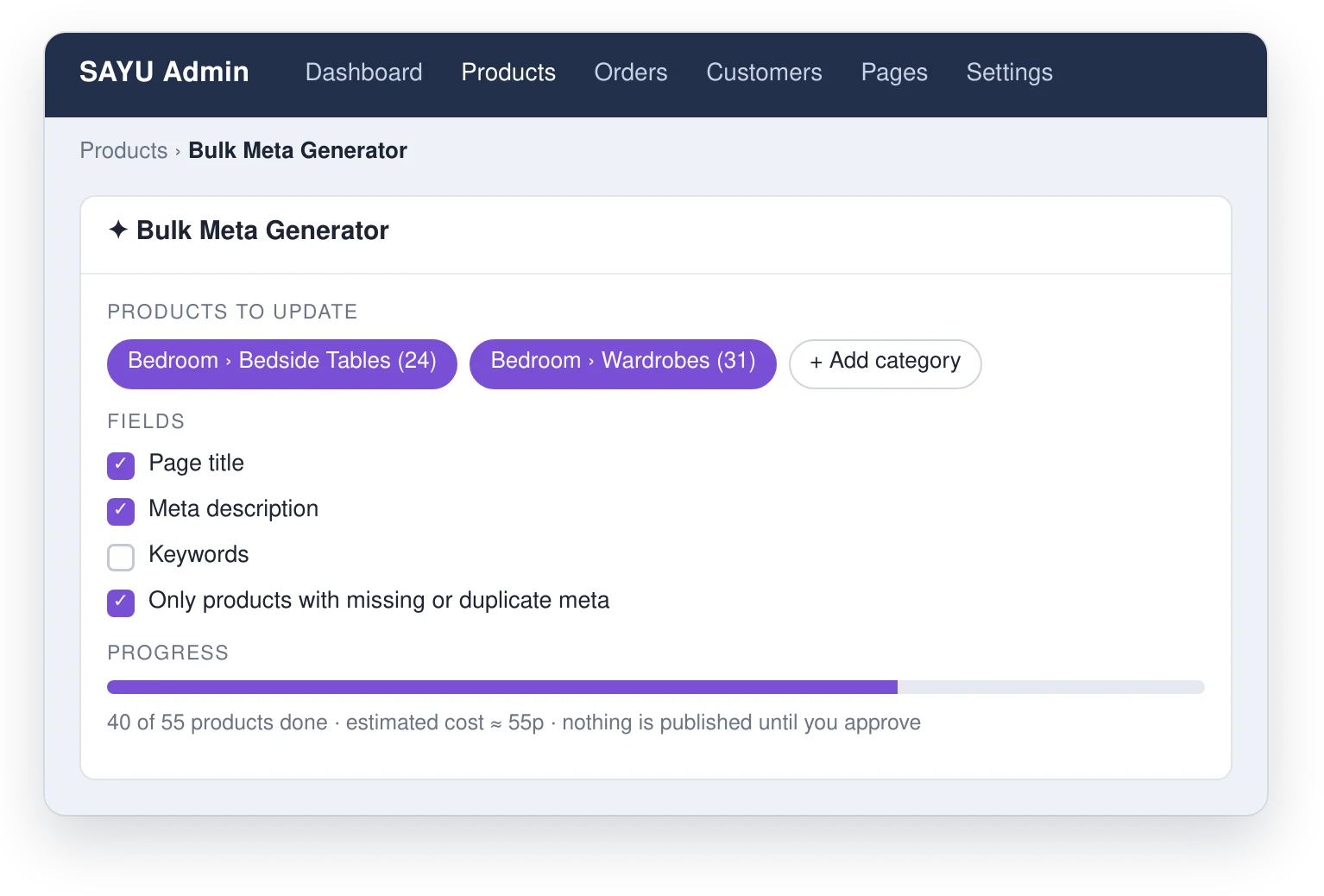 Choosing categories and fields for a bulk meta data job