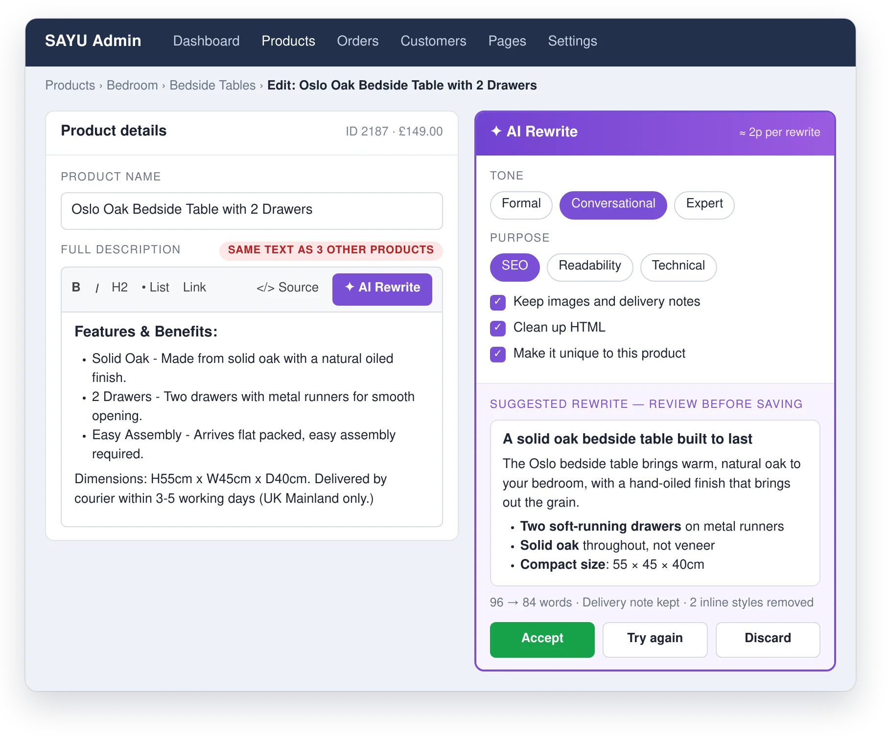 The AI Rewrite panel beside a product description in the Sayu admin