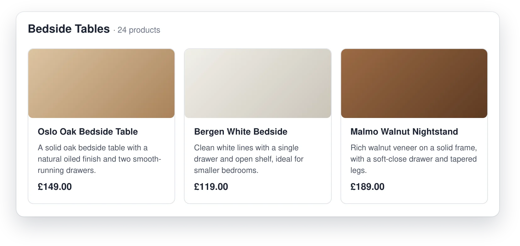 A category page with AI-written short descriptions on each product card