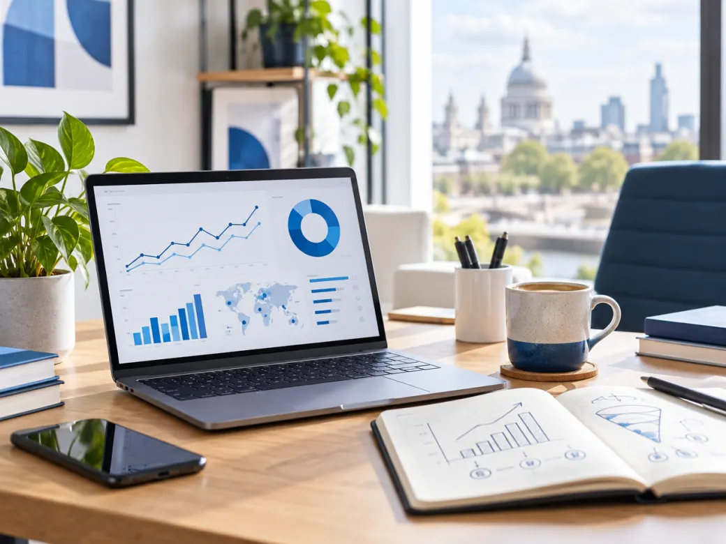 A laptop showing marketing performance charts on a desk beside a notebook of growth sketches