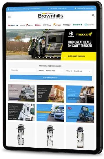Brownhills Motorhomes website on a tablet