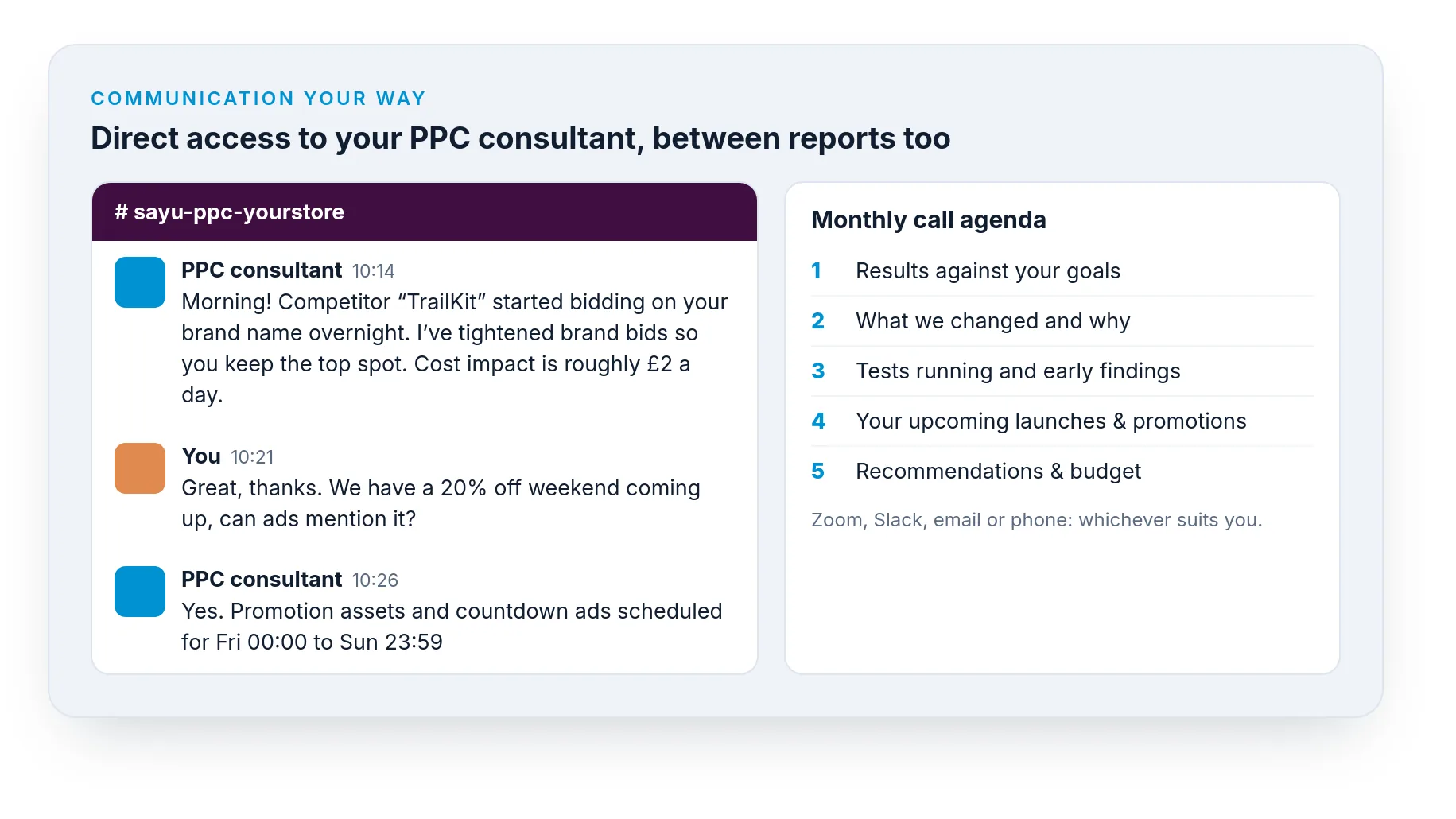 A Slack conversation with a PPC consultant and a monthly call agenda
